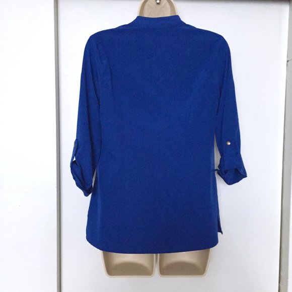LAURA SCOTT Petites Royal Blue Mandarin Top - Picture 6 of 8